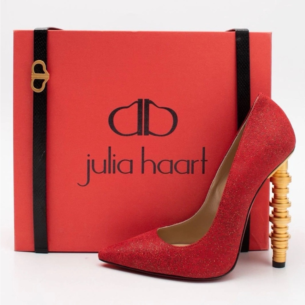 Red Glitter Pointed-Toe Stiletto Pump with Sculptural Gold Heel